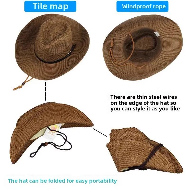 Foldable Jazz Straw Hat for Men and Women Summer Beach Strap Sunscreen Outdoor Sports Sun Hat Big Brim Woven Straw Hat