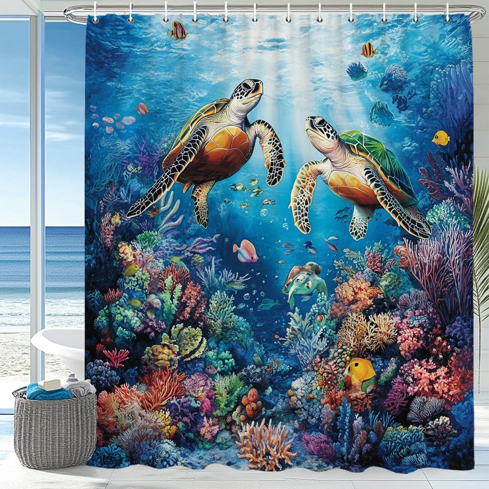 Underwater World Printed Shower Curtain With Hooks, Dolphin Sea Turtle Fish Coral Underwater Cave Ocean Bathroom Decor Curtain