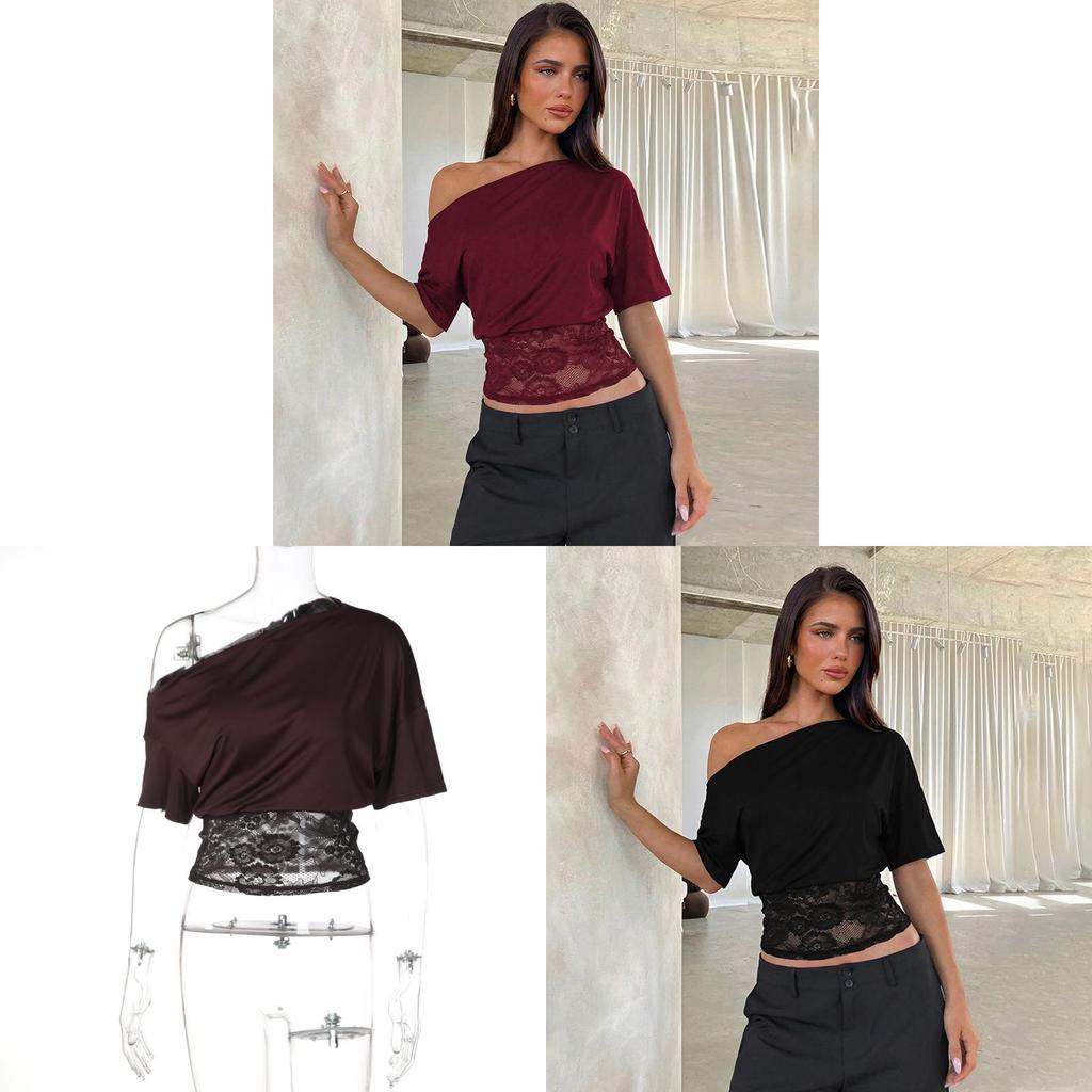 Tshirt For Women Lace Spliced Off Shoulder Short Sleeve With Slim Fit For Party And Casual Wear