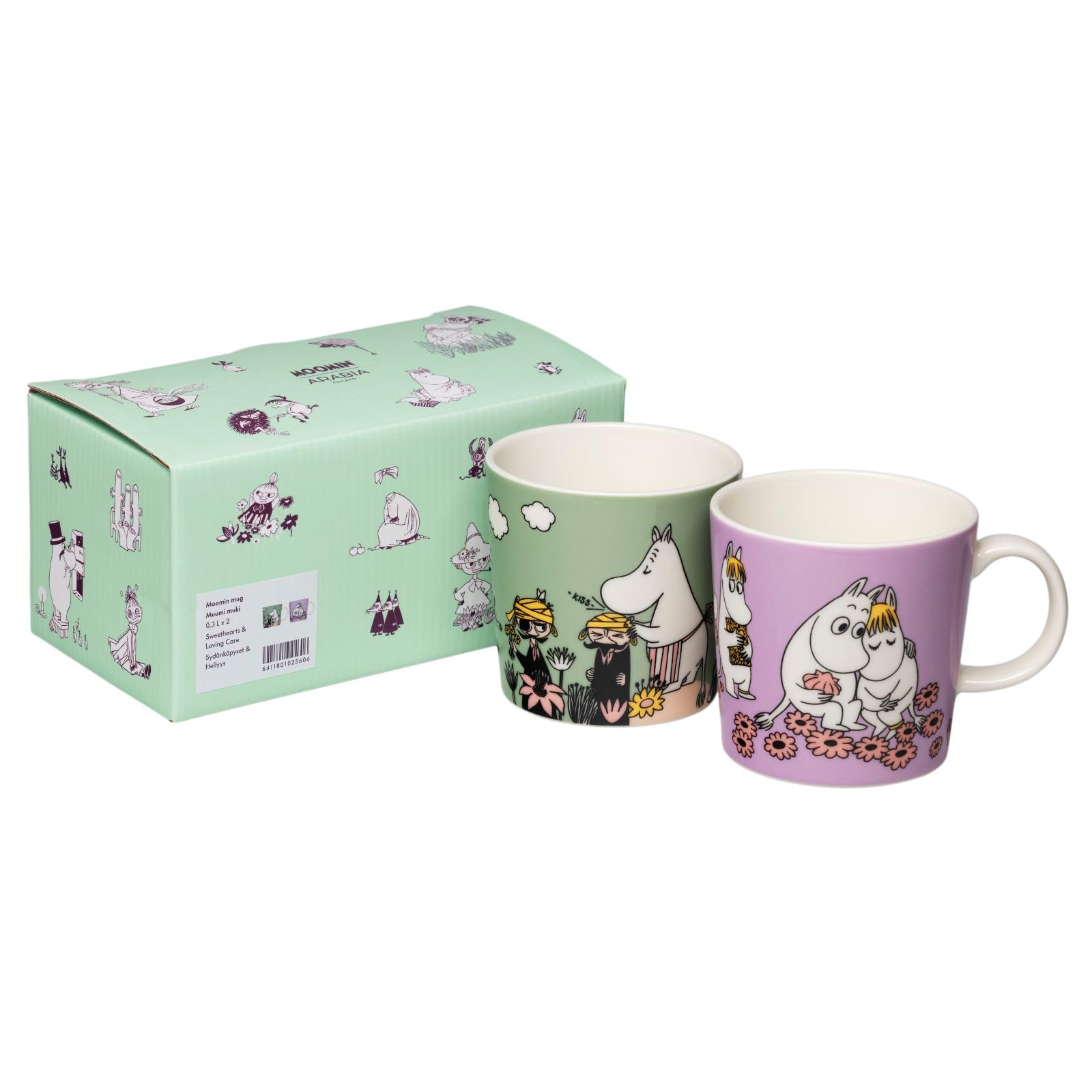 [Official Import] Moomin Arabia Classic Mug Pair - Sweethearts & Loving Care - Green, Purple, Pink - Approx. 280ml Capacity