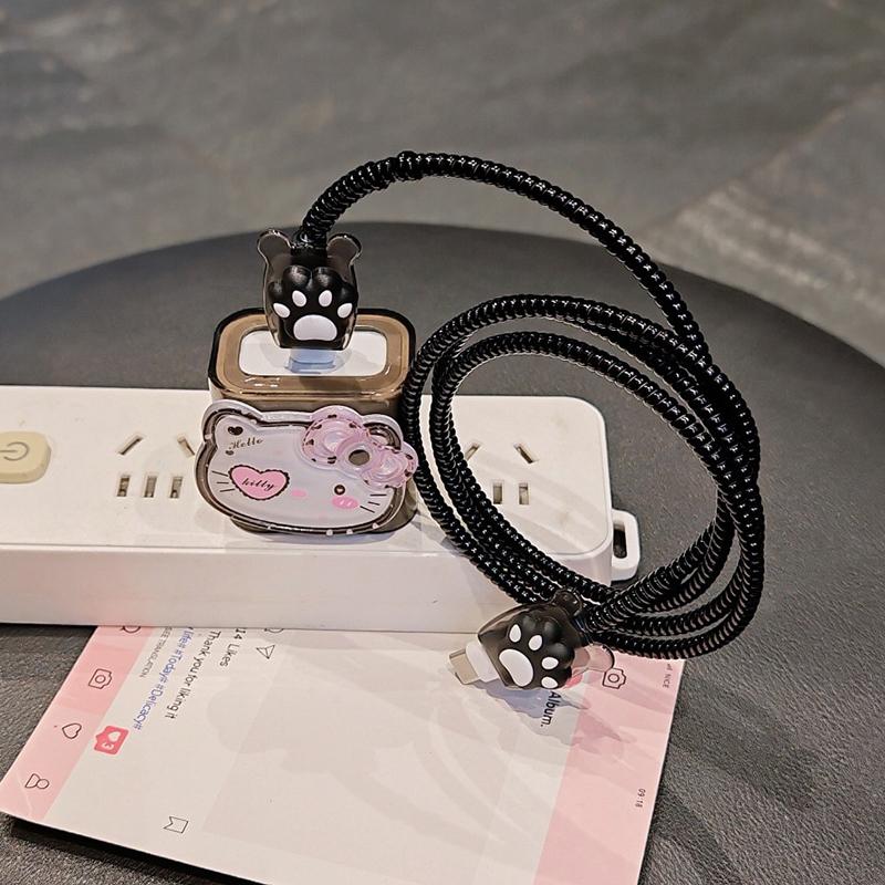 Leopard Print Hello Kitty Data Cable Protective Sleeve For Iphone 17 16 15 18/20W Charger Head Protector Cover Anti-Break Rope