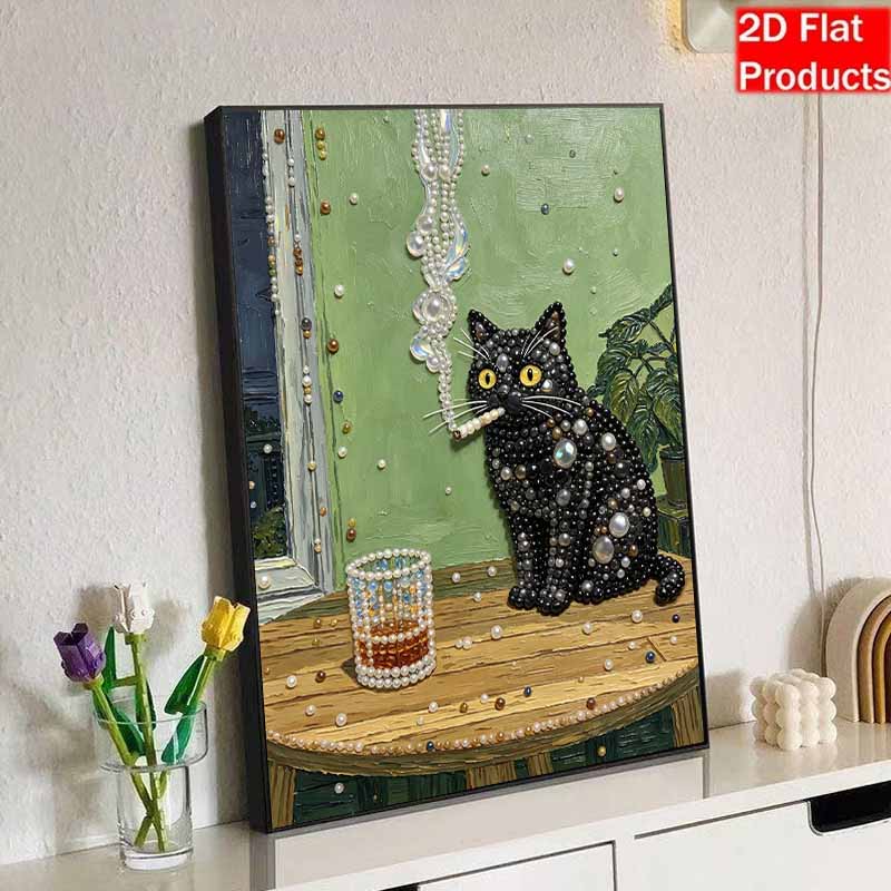 5D Pearl Painting Kit Framed with Black Cat Smoking Design Sparkling Bead Art Canvas DIY Relaxing Craft for Wall Decor Gift Home Artwork