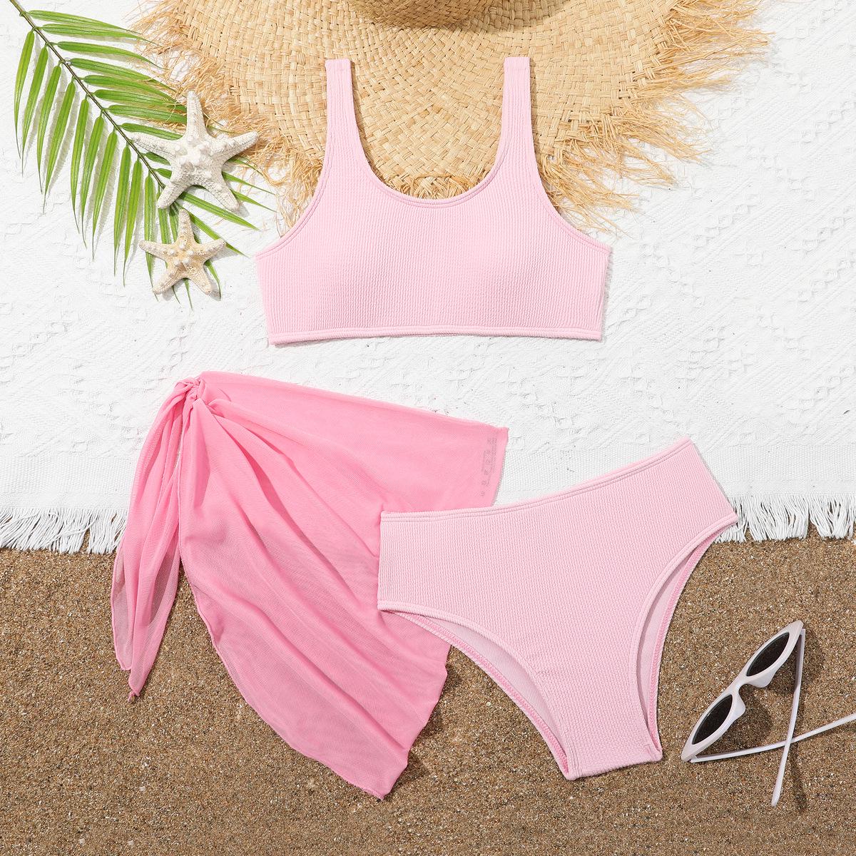 

2024 Girls Pink Ribbed Bikini Three-Piece Set with Gauze Skirt 11-12 Years розовый