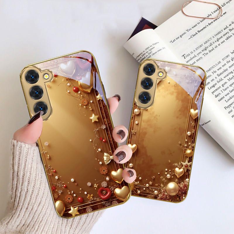Cinta dorada y lazo Para Samsung Galaxy S26 S20 FE S21 S22 S23 Plus S24 Ultra S25Ultra S21+ S22Plus Funda de teléfono de cristal dorado