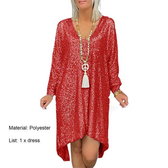 V-Neck Long Sleeve High-low Hem Autumn Dress Shiny Sequins Plus Size Casual Dress
