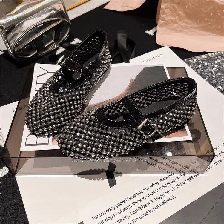 

European Station Rhinestone One Word Mary Jane Hollow Mesh Ballet Shoes Fishnet Shoes Single Shoes Loafers Boat Shoes Women s Shoes 35