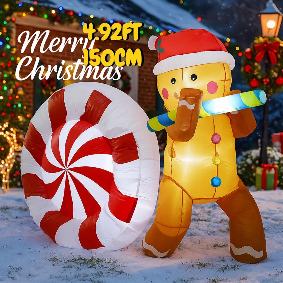 4.92FT Inflatable Gingerbread Man Candy Cane Toy LED Lit Festive Gift Xmas Yard Party Decoration Christmas Supplie Home Ornament