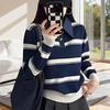 2026 Korean Style Striped Denim Polo Knit Sweater - Women's Spring/Autumn Loose Top
