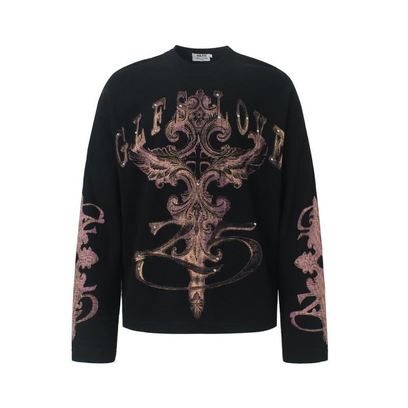 Mens Long Sleeve T-Shirt Cross Print Streetwear Loose Fit Dark Aesthetic Casual Top