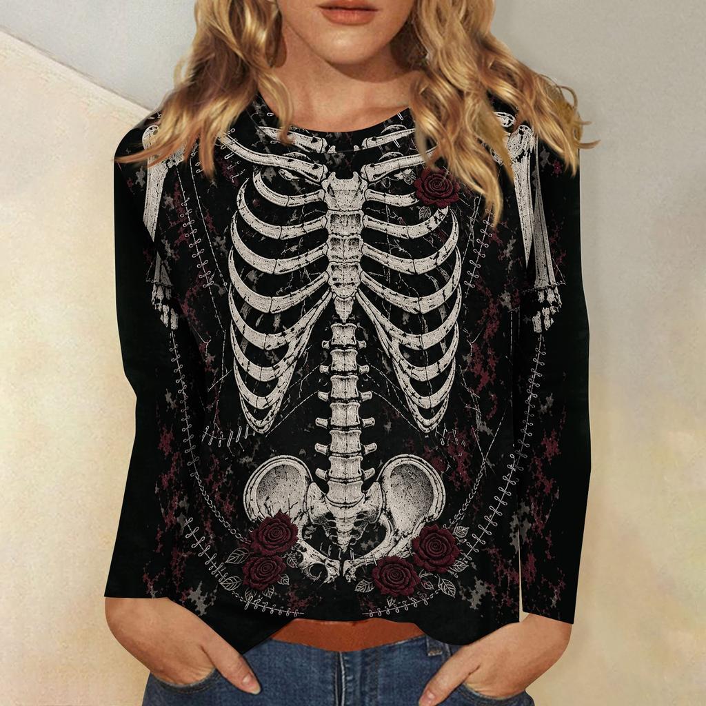 Women's Long Sleeve Halloween Printed Crewneck T-Shirt - Casual Fashion Top for