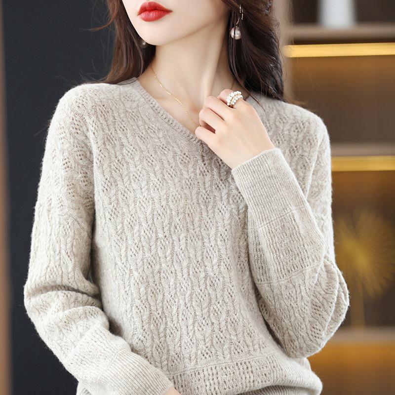 Women's Cashmere Loose Knit Sweater V2023 - Hollow-Out Pullover with Pure Wool Collar