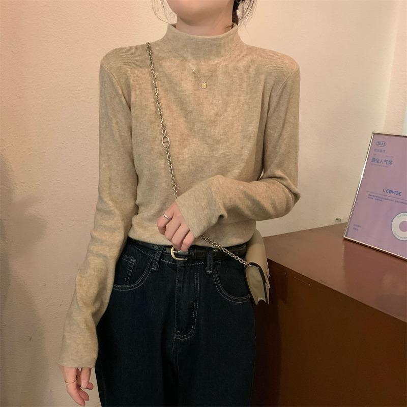 Coffee Semi-turtleneck Stacked Knitted Sweater Women's Autumn and Winter Simple Inner Long-sleeved Bottoming Top Soft Waxy Basic Sweater