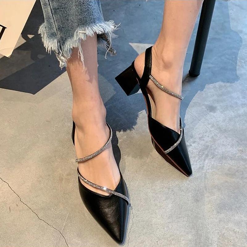 Fashion Block Heel Ladies Shoes Summer 2024 Rhinestones Sandals for Women Footwear One Word Pointed Toe Casual Korea Vintage Trend Daily