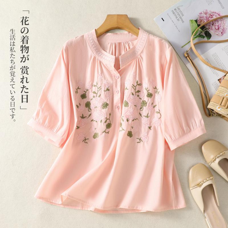 1116 Vintage Embroidered Ramie Shirt Femininity Medium Sleeve Pullover Top Literary Embroidered Shirt Summer