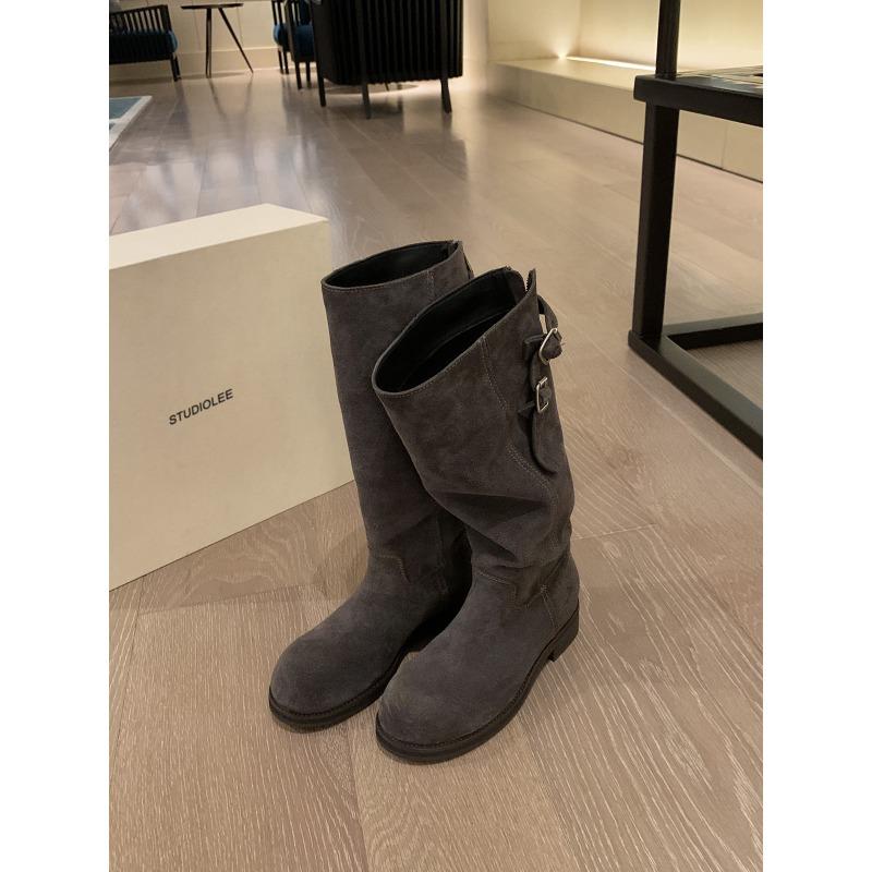 

Версия из коровьей кожи~ виноградный ма увеличение высоты см трехмерный круглый носок задняя молния пряжка ремня толстый каблук рыцарские ботинки женские осень и зима 40