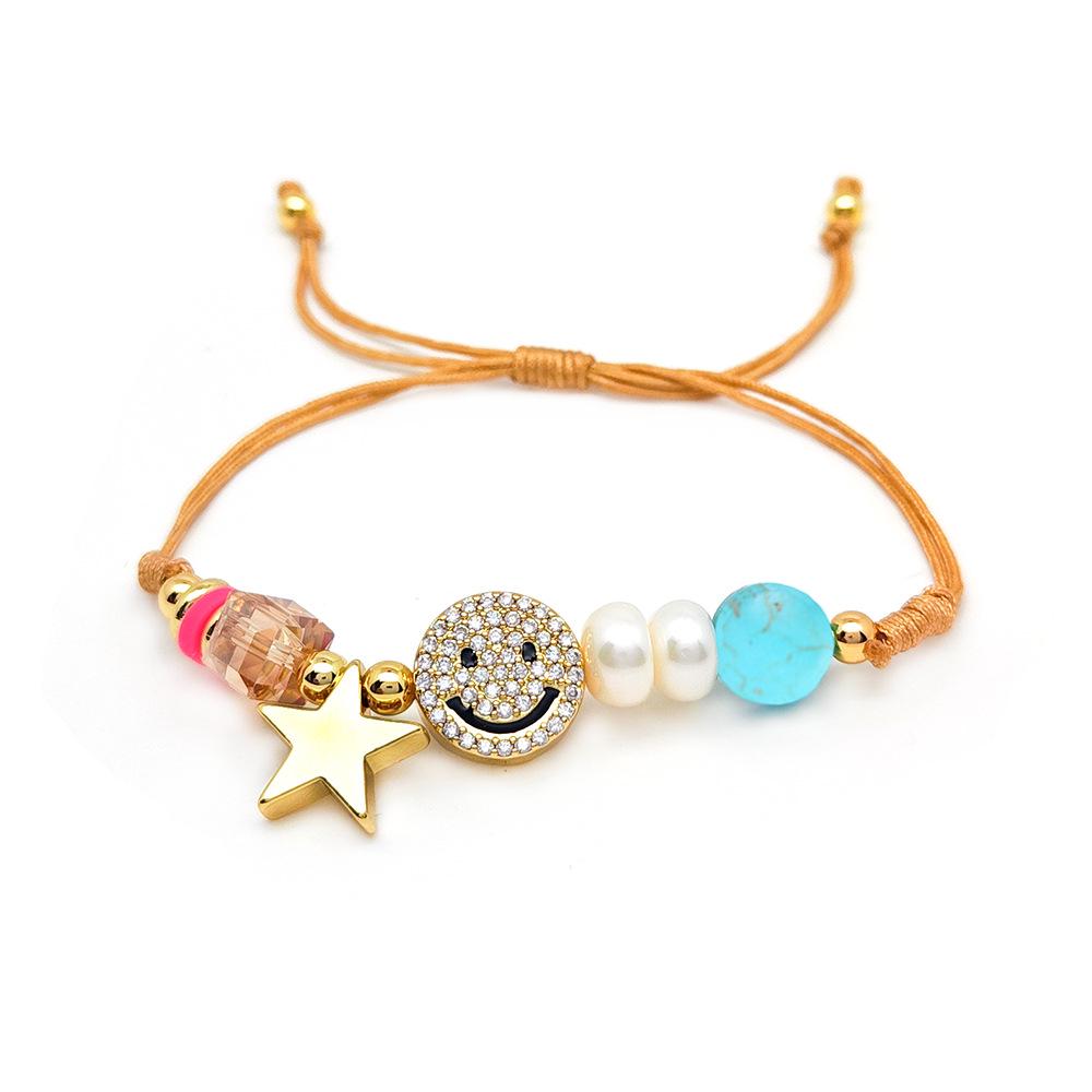 

Европейский и американский браслет из бирюзового жемчуга в стиле легкой роскоши с бусинами в виде смайликов, инкрустированными бриллиантами