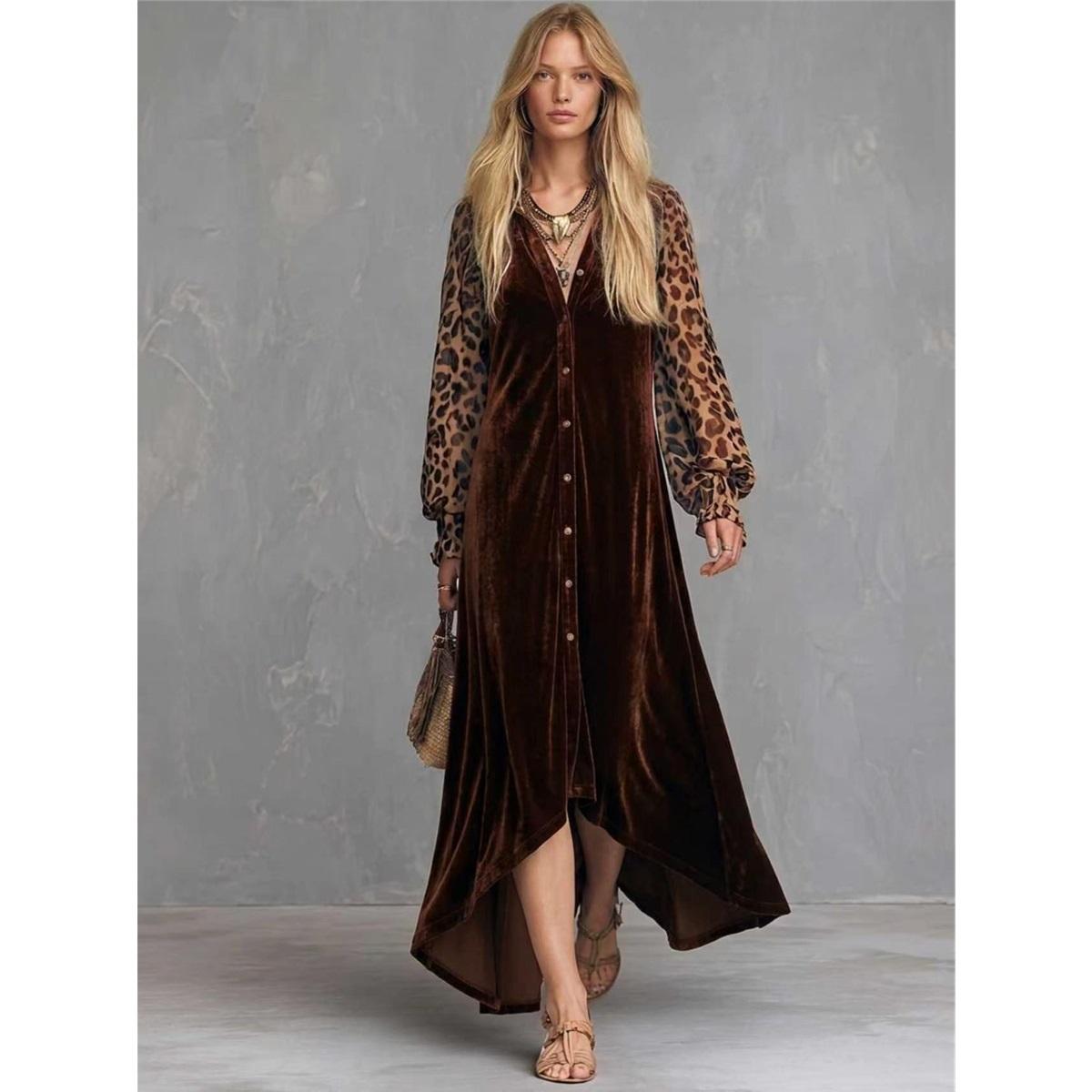 Robe Longue Velours Femme Col en V Imprimé Léopard Patchwork Manches Longues Bouffantes Fermeture Boutonnée Ourlet Irrégulier Robes Longues de Soirée XL marron