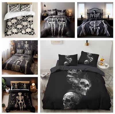 Τρισδιάστατη εκτύπωση σετ κρεβατιού Halloween Horror Down Skull Down Παπλωματοθήκη Μαξιλαροθήκη 2/3 τμχ Κάλυμμα κρεβατιού με κοκάλινο πλαίσιο Υφασμάτινο δώρο για το σπίτι