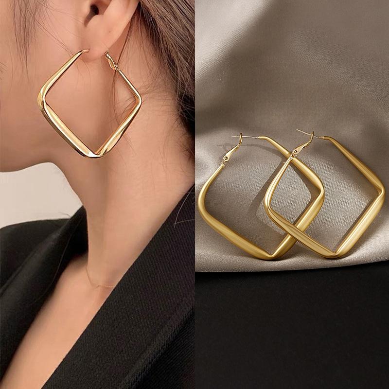 Gold Color Big Square Hoop Earrings For Women Exaggerated  Geometric Irregular Circle Earrings Jewelry