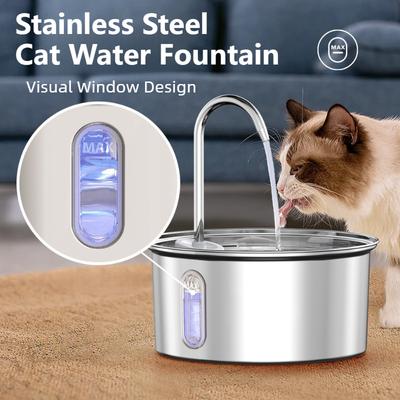 3.2L Stainless Steel Cat Water Fountain Ultra Quiet Cats Water Dispenser with Visible Window Multilayer Filter Pet Drinking Bowl