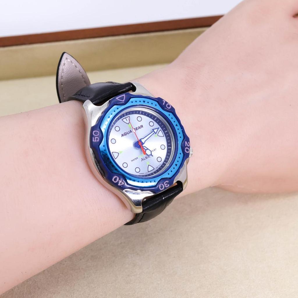 [USED] Working SEIKO ALBA AQUAGEAR rotating bezel leather watch 2084