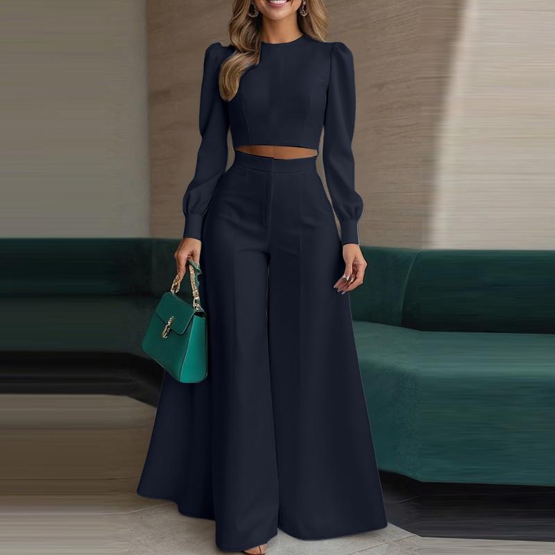 ZANZEA Women Long Sleeve Cropped Tops and Wide Leg Pants Casual Two Piece Suit Set
