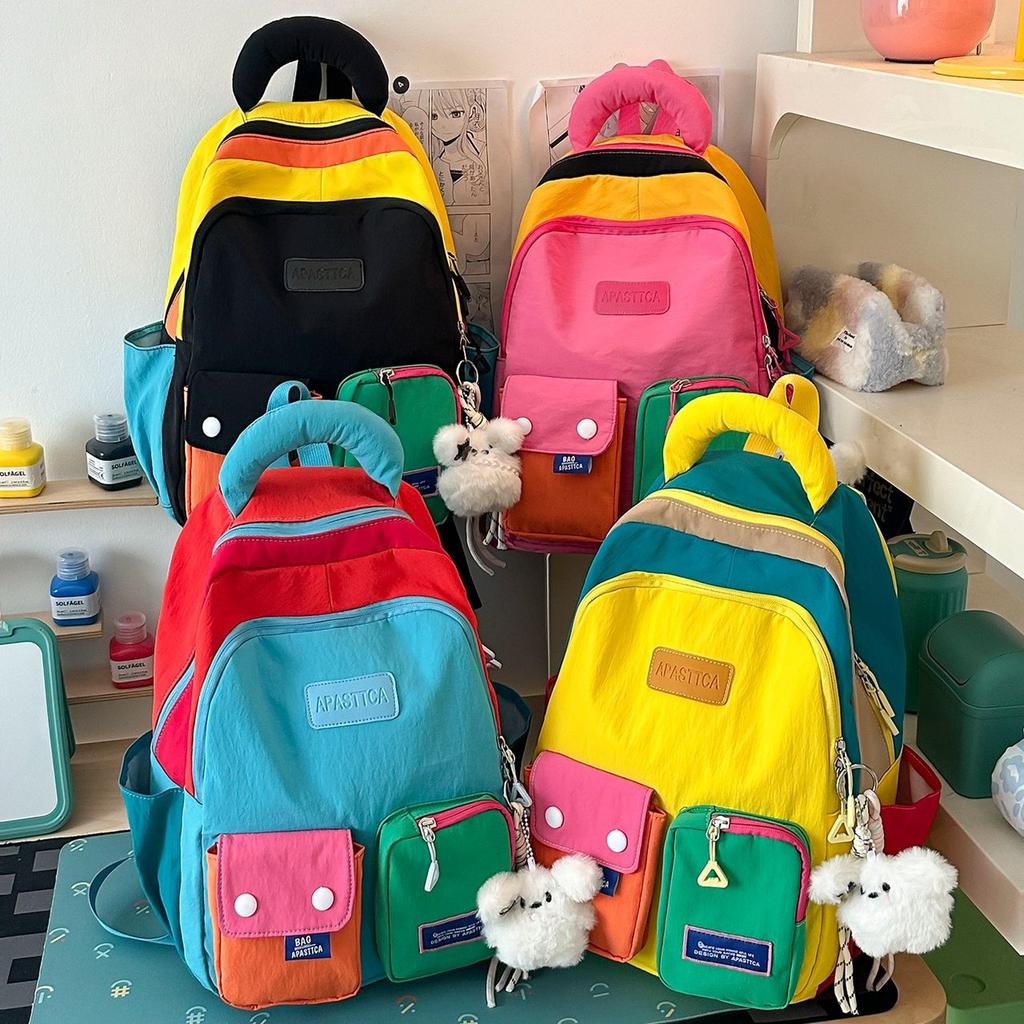 Schoolbag contrasting splicing Internet celebrity backpack female dopamine primary school bag Japanese large capacity burden reduction junior high