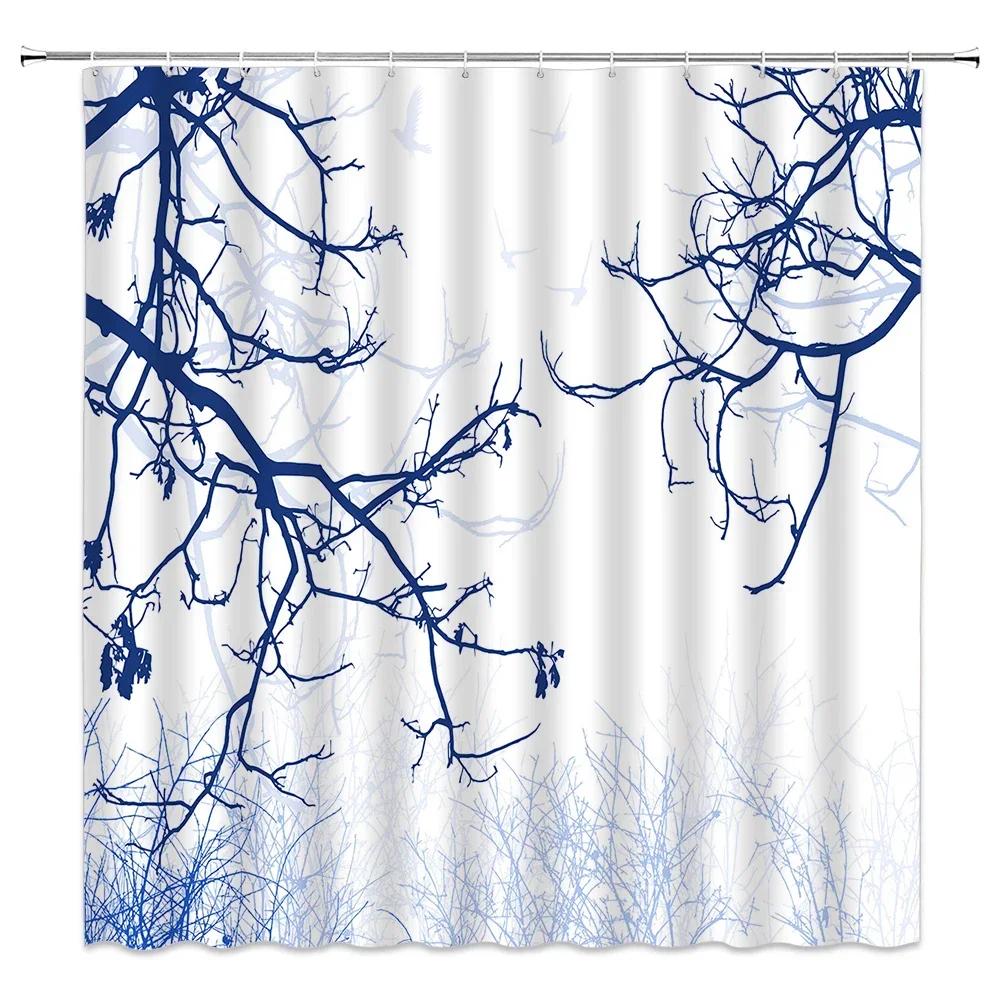 Blue Tone Shower Curtain, Mid Century Modern Lines Round Ribbed Animal Cat Tree Branch Bathroom Decorative Shower Curtains