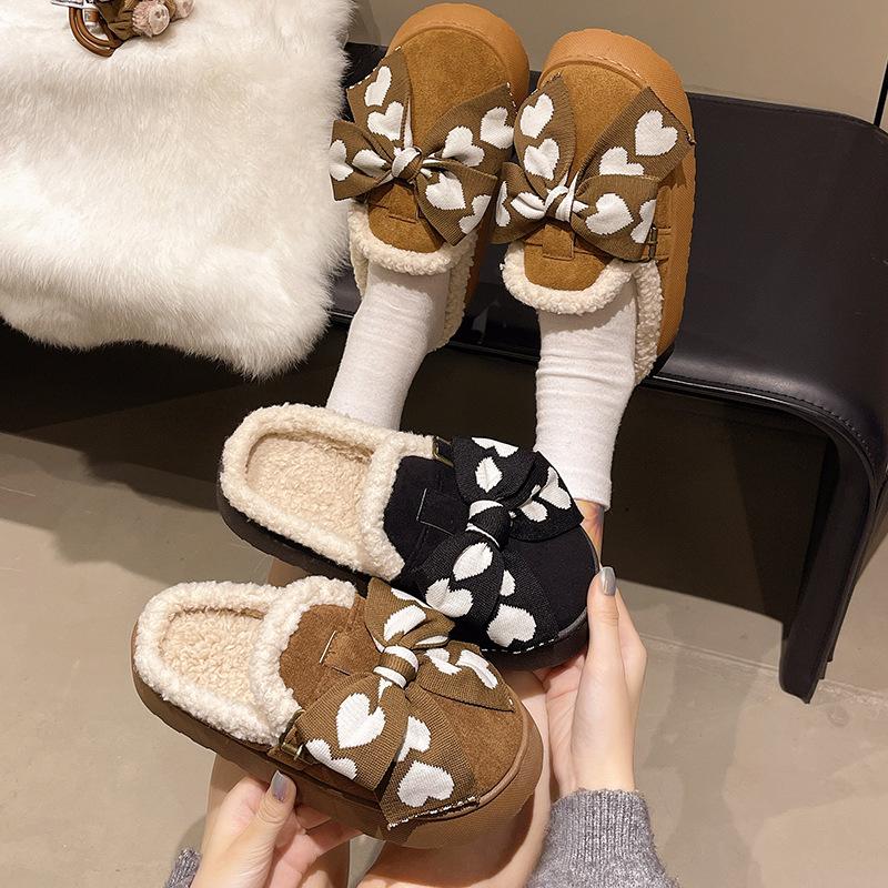 Fleece warm bow cotton slippers women's winter ins tide Korean version soft thick bottom cotton mop fashionable outer wear casual cotton mop