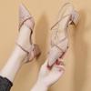 Pointed Toe Women's Sandals With Medium Heels Ladies Shoes 2025 Luxury Summer Comfortable Sandal The Best Offers Asian Size Shoe