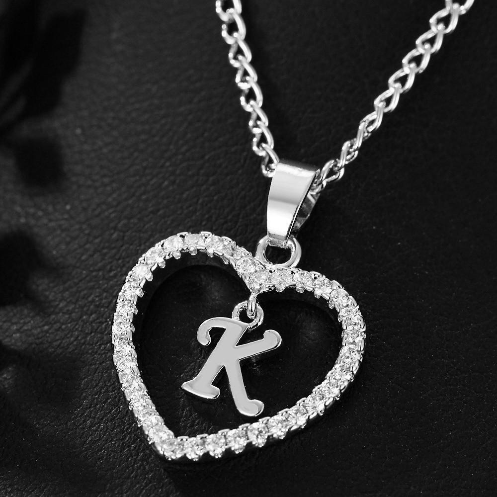 Heart Pendant Zircon Letter Necklace - 26 Letters Available