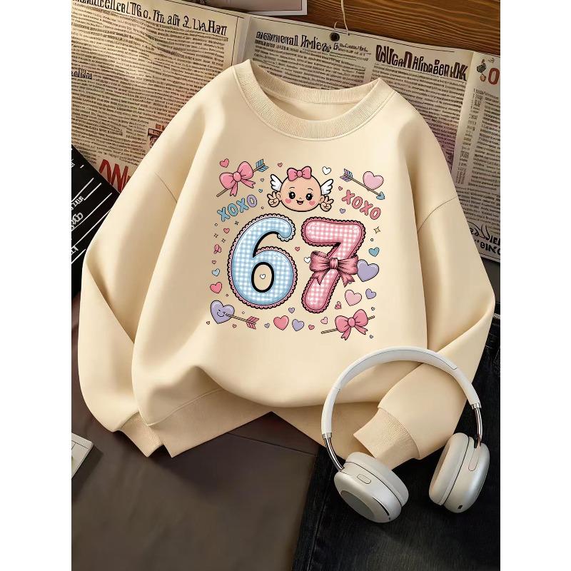 Kids Girls Crewneck Sweatshirt, Plaid Bow Baby Angel Heart XOXO Number 67 Print Pullover, Cute Birthday Sweatshirt For Kids Over 4 Years Old
