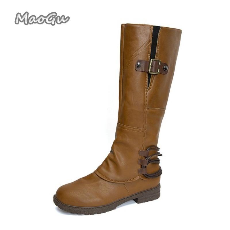 

Women s Fashion Cowboy Knee-high Boots Leather Side Zipper Autumn Spring Long Boots Anti-slip Buckle Straps Botas Mujer Low Heel 39