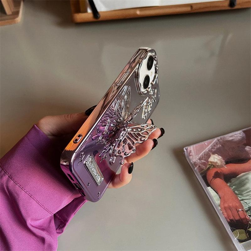 3D Butterfly Hollow uchwyt na telefon etui na iPhone 15 ProMax 14 13 Pro Max 15 12 Pro moda gradientowa matowa poszycie obudowa ze stojakiem