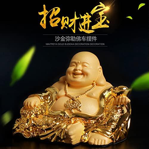 Hotei, one of the Seven Lucky Gods, is a gold-colored Buddhist figurine perfect for warding off evil, bringing good fortune, and bringing good luck. T