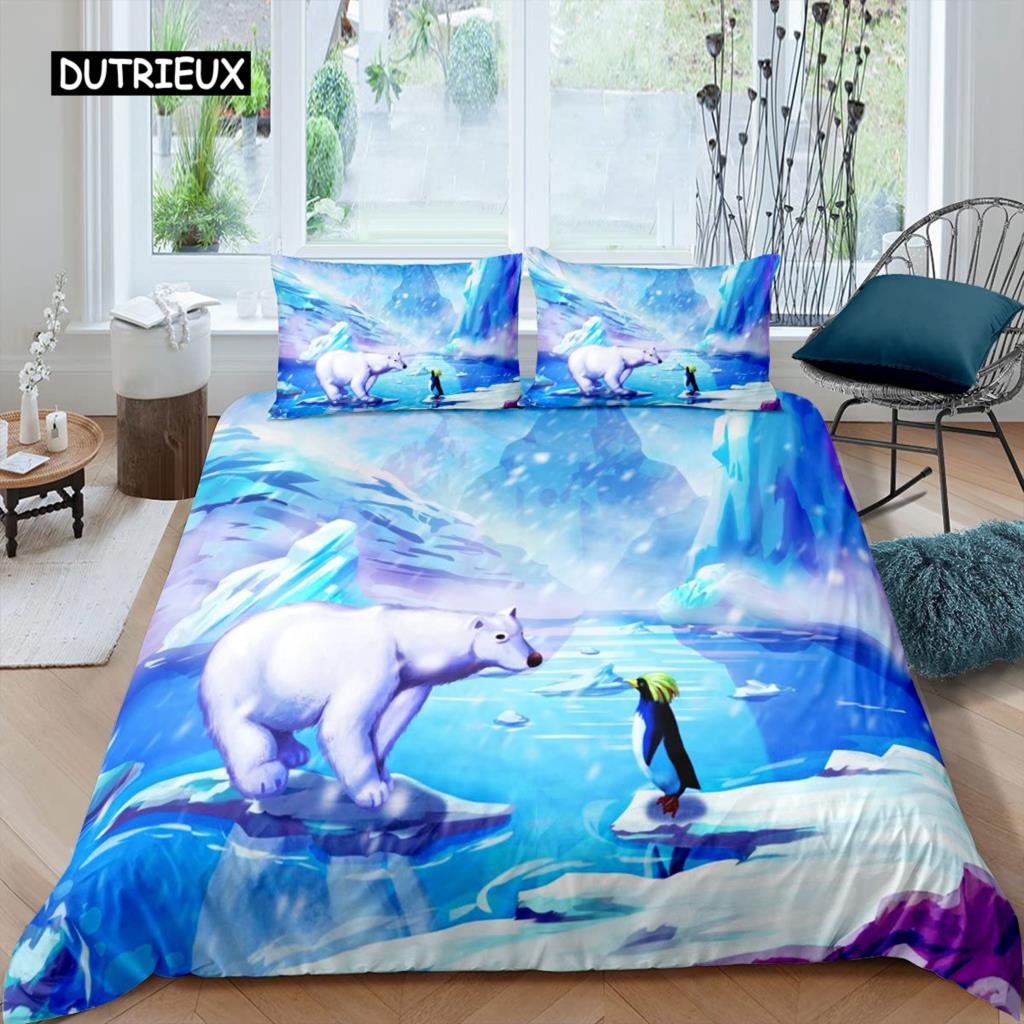 סט ציפה לפוך דובי קוטב מידה קווין סט מצעים דובי קוטב דוגמת חיה כיסוי לפוך מודפס בדוב למבוגרים בני נוער ילדים