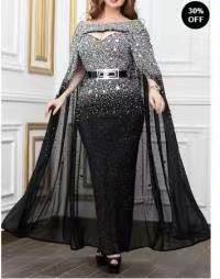 European And American Sexy Hip Wrap Fishtail Slim Shawl Gradual Change Gold Mesh Dress Dress S серебряный