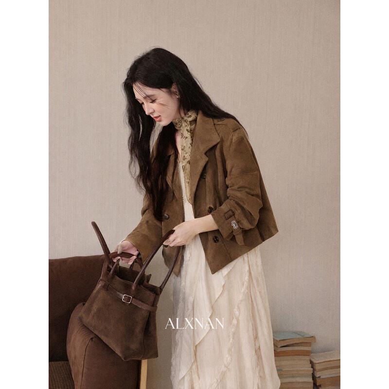 Luxiangnan Women's Maillard Brown Double-Breasted Short Jacket