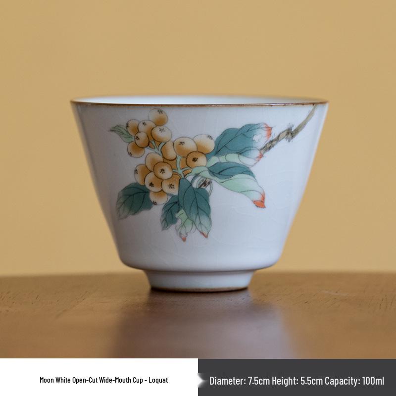 Moon White Ru Kiln Antique-Style Ceramic Tea Cup, Persimmon & Pomegranate Crackle Design, Gongfu Tea Master Tasting Cup.