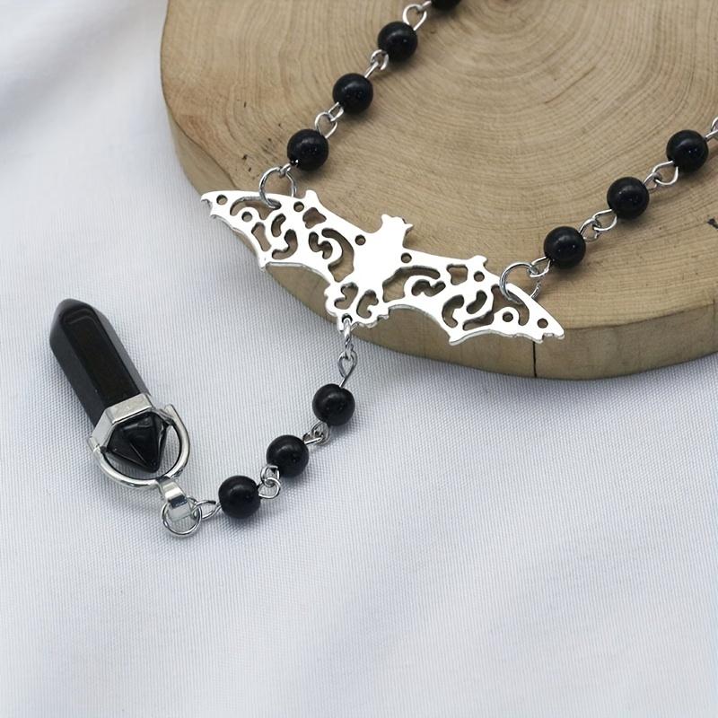 Hexagonal Pillar Bat Hollow Zinc Alloy Pendant Black Beaded Choker Gothic Elegant Jewelry Necklace Party Neck Accessories for Women