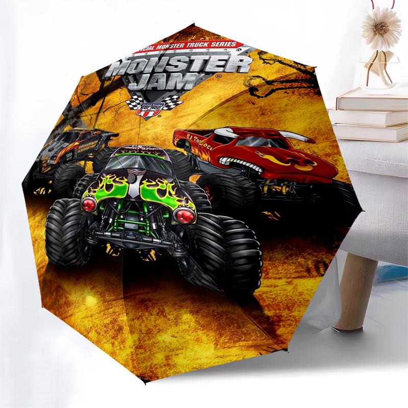 Monster Jam, Monster Trucks Themed Automatic Opening and Closing Umbrella, Compact Travel Umbrella, Lightweight and Portable, Suitable for B