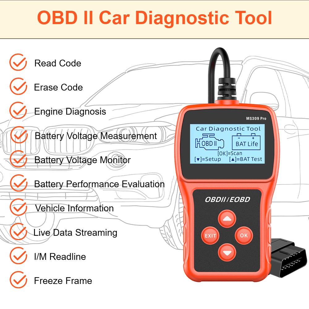 MS309PRO Live Data Code Reader Car Diagnostic Tool Battery Tester Multi-language Check Engine System OBD2 Scanner