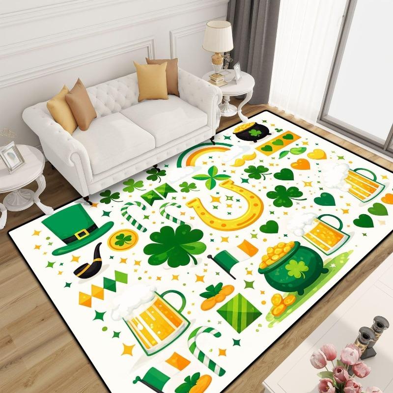 St Patricks Day Rug Irish Clover Shamrock Decor Green Gold Harp Carpet Holiday Floor Mat Soft Non-Slip Home Living Room Decor