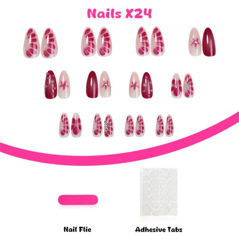 24 Pcs Glossy Full Cover Stick on Nail Almond Shape False Nail 3D Flowers Press On Nail Rhinestones Artificial Nail
