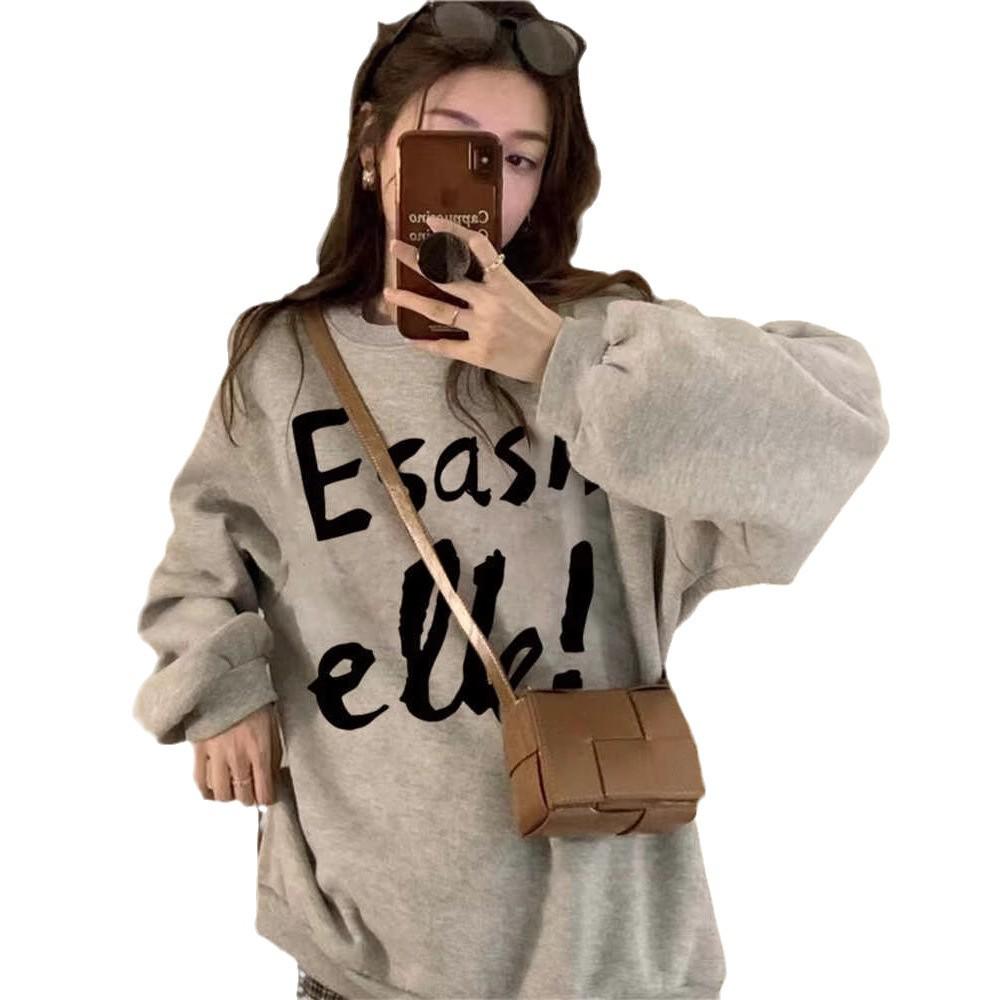 Unisex American Retro Gray Plus Velvet Sweater - Trendy Long-Sleeved Top for Spring and Autumn