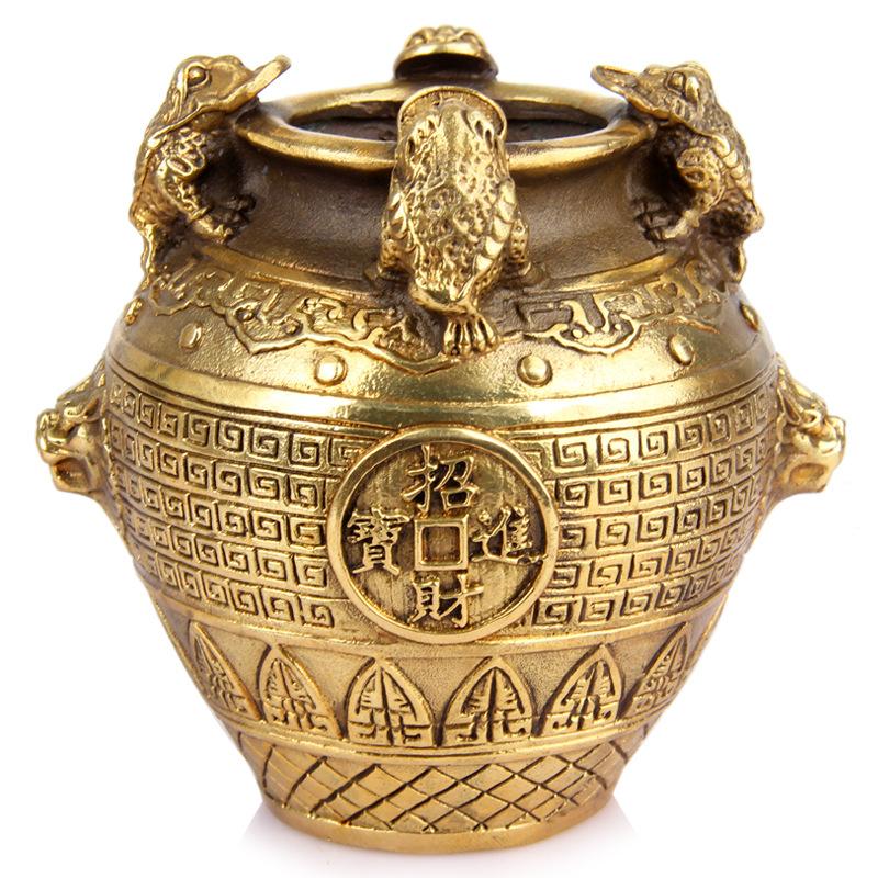 Square Creative Ornament, Treasure Basin Decoration, Bronze Golden Toad Jar, Home Decor Brass