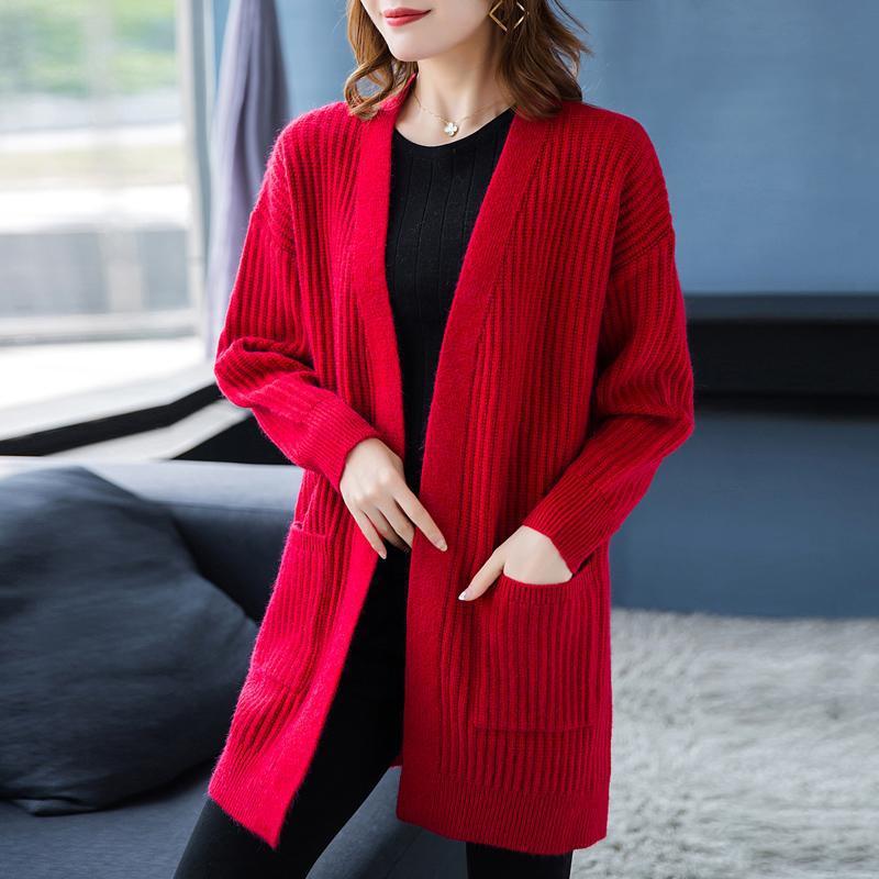 Autumn Knitted Coat Women's Mid-length Spring and Autumn Loose Knitted Shawl Korean Sweater Jacket