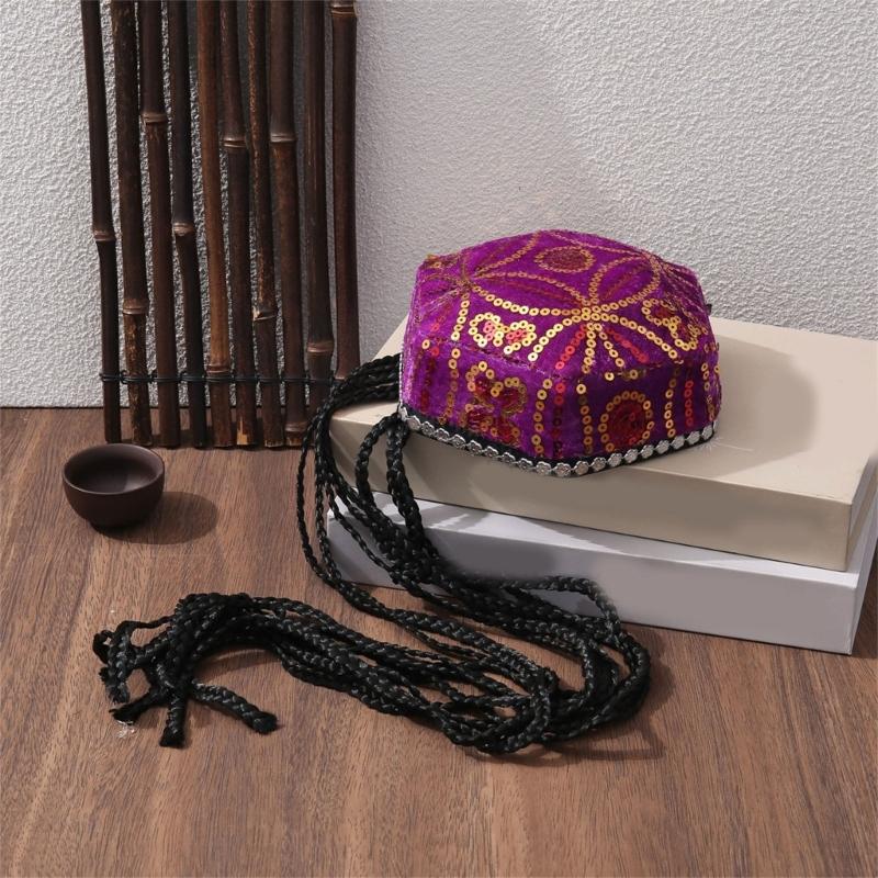 Elegant Beret Cap with Decorative Braids And Sequined Flower Decors Uyghur Hat For Stage Performances and Cultural Event