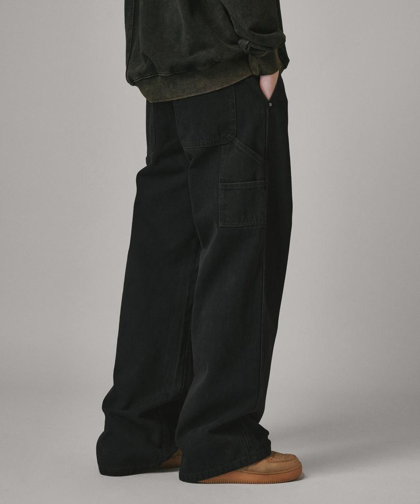 Beodeonteu Garment-Dyed Carpenter Wide Cotton Pants [Black]