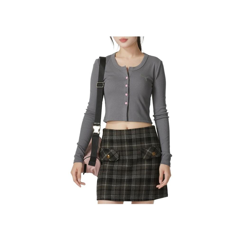 Puma Logo Print Solid Color Outdoor Casual Long Sleeve Cropped Top Women Tops Gray 628475-89